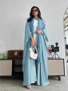 Abaya larga de estilo de Oriente Medio, suelta, de unicolor, con mangas de murciélago y pañuelo para la cabeza, primavera y otoño - Azul claro - Ver 3