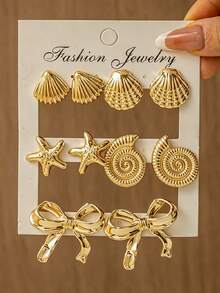 2/10/12pcs Fashion Smooth Left & Right Flower Water Drop Gold Earrings Set, Ocean Multiple Styles Stud Earrings, Suitable For Women's Daily Wear And Beach Vacation - Silver - View 2