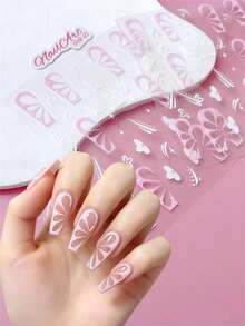 2 Stück 5D geprägte 3D Nagelkunst Aufkleber, DIY Nageldekoration, Rosa & Weiß Französische U-Form mit weißem Blütenblattmuster, geeignet zum Erstellen von sanftem Ballettstil und süßer französischer Linien Nagelkunst - Verschiedenfarbig - Übersicht 1