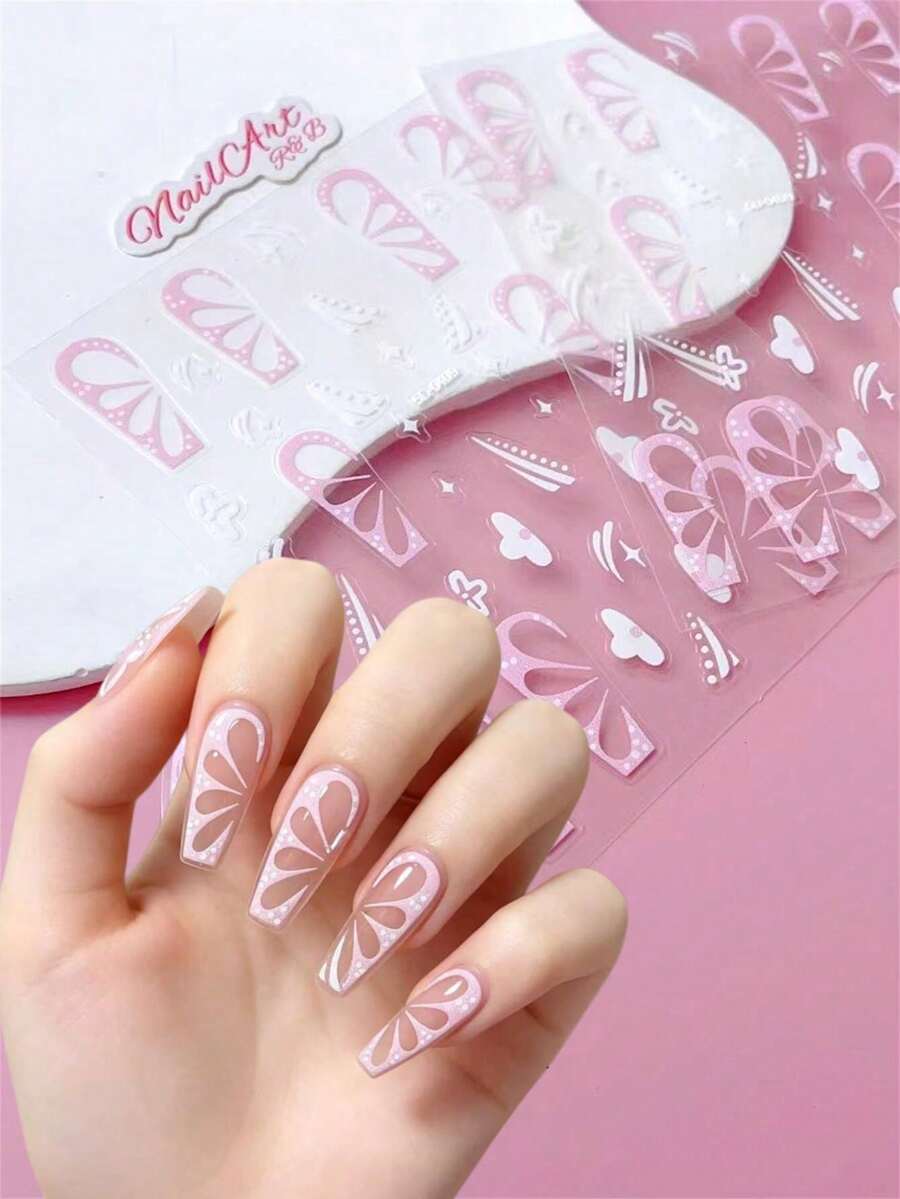2 Stück 5D geprägte 3D Nagelkunst Aufkleber, DIY Nageldekoration, Rosa & Weiß Französische U-Form mit weißem Blütenblattmuster, geeignet zum Erstellen von sanftem Ballettstil und süßer französischer Linien Nagelkunst - Verschiedenfarbig - Übersicht 1