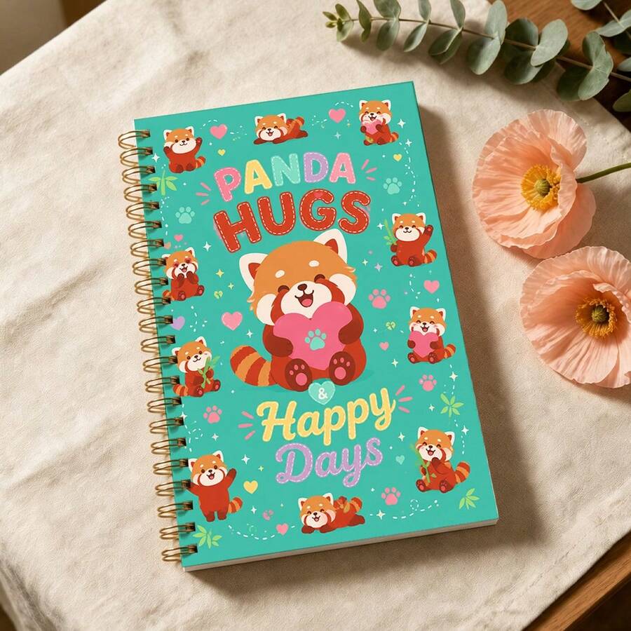 1pc Red Panda Themed Notebook, Green And Pink Color Scheme, Cute Cartoon Animal Style Design, Red Panda Holding Heart And Paw Print With Gold Coil Pattern Elements, High-Quality Paper, Suitable For Office, Study, Meeting Notes, Daily Planning And Gift-Giving, Women Office And Study Population, Office And Study Supplies > Notebooks And Writing Pads > Planners/Notebooks - A5 - View 1
