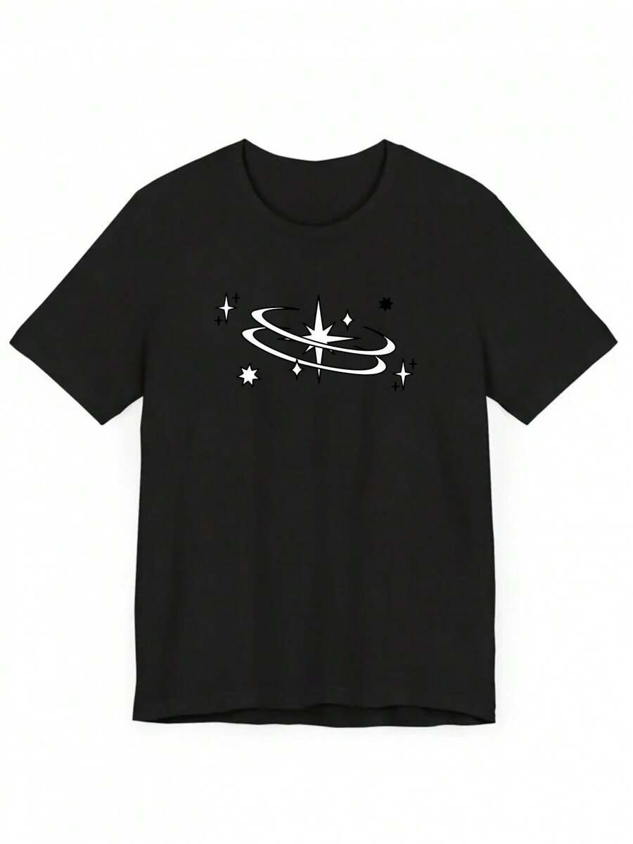 Elegant Women's Short Sleeves T Shirt | 2026Spring And Summer New"Starry Sky And Planet Print"Matching Y2K Geometric Pattern Style - 黑色 - 查看 1