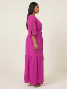 FASHION MIX PREMIUM Elegant Long Dress With Slit And Ruffle On The Hem 3/4 Puff Sleeves With V-Neckline And Tie At The Waist Women's Plus Size - 玫瑰紅 - 查看 4