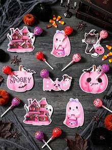 48pcs Pink Halloween Lollipop Decoration Cards, Cute Spooky Candy Toppers With Ghost, Cat And Pumpkin Patterns, Halloween Party Candy Packaging Labels, 2026 Halloween Decor, Holiday Crafts, Halloween Decoration, Halloween Party, Trick Or Treat Decoration - Multicolor - View 2