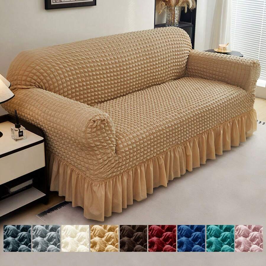 1pc Pet Friendly Bubble Waffle Stretch Sofa Slipcover With Ruffle Skirt Anti-Slip Full Wrap Couch Cover Machine Washable Universal Furniture Protector For 1/2/3/4 Seater Old Sofa Living Room Makeover