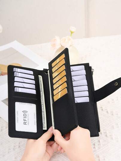 CHARM INFINITE Women RFID Anti-Theft Long Pebble Leather Wallet With Wrist Strap, Multi Card Clear ID Zipper Coin Pocket Large Capacity Travel Clutch Purse