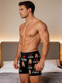1pc Men's Black Soft Elastic Custom Printed Boxer Briefs, Casual Personalized Gift Style, Suitable For Valentine's Day - Black - View 3