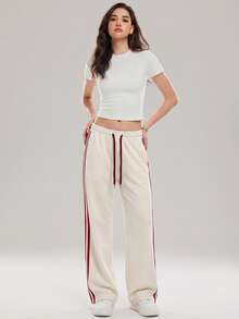 KyrLssu Simple Multi Stripe Casual Wide Leg Bottoms, Elastic Drawstring Waist Long Pants For Multi-Style Daily Matching - Beige - View 2