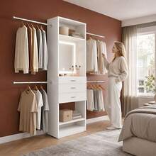 HaluPeit 4-9.8FT Closet System With LED Smart Mirror, Walk-In Closet Organizer System Wooden Storage Systems With 3-Color Dimmable Touch Mirror, 4 Hang Rods, 3 Drawers & 2 SHELF, White - White - View 1