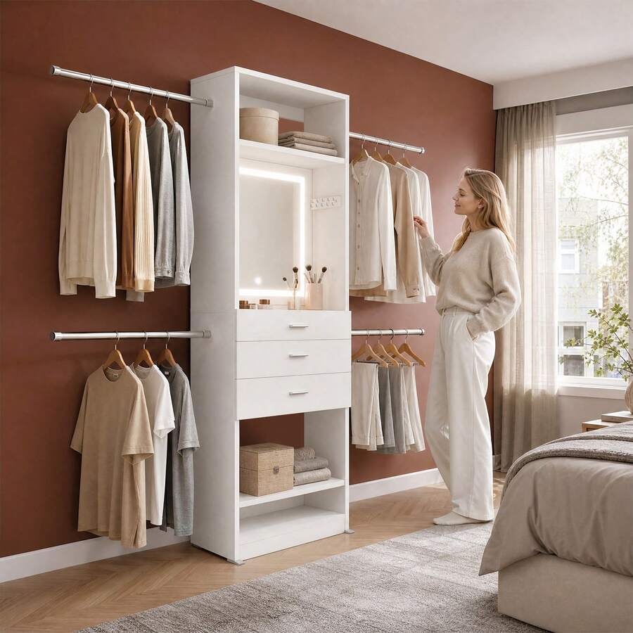 HaluPeit 4-9.8FT Closet System With LED Smart Mirror, Walk-In Closet Organizer System Wooden Storage Systems With 3-Color Dimmable Touch Mirror, 4 Hang Rods, 3 Drawers & 2 SHELF, White - White - View 1