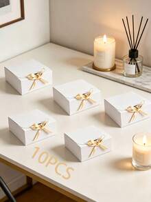 10/5PCS/1P Kraft Paper Gift Box With Lid And Ribbon Bow - Large Vintage Foldable Gift Box Suitable For Candles, Soaps And Notebooks, Perfect For Friends, Weddings, Parties, Home Decor Gift Box/White - White With Gold Ribbon - View 21