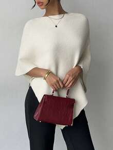 Minimalist Fashion Poncho Sweater, Solid Color Ribbed, Everyday Wear, Autumn/Winter Spring - Apricot - View 4