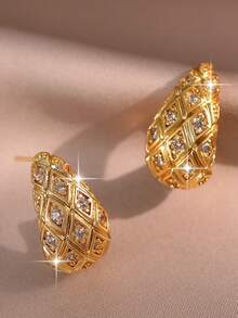 3pairs/2pairs/1pair Luxury Textured Micro Paved Cubic Zirconia Earring Sets, Versatile Gold Plated Copper Jewelry For Bridal Wedding Daily Banquet - Gold - View 10