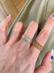 Juego de 3 anillos de moda de lujo elegante de alta gama con cadena hueca e incrustaciones de circonita cúbica, diseño único y elegante, adecuado para fiestas, banquetes y reuniones - Multicolor - Ver 3