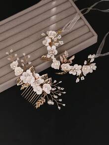 2件組重磅扭珠合金葉片新娘婚季髮梳與手鍊套組，重磅扭珠珍珠合金葉片花朵髮梳與手鍊，適用正式禮服派對髮型造型 - 63462白色 - 查看 3
