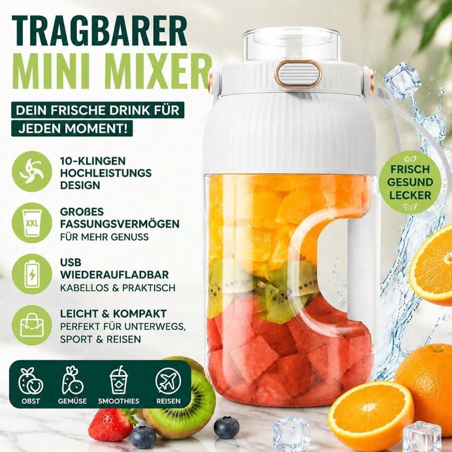 Portable Juicer Mixer Becher mit großer Kapazität, 10-Blatt Klinge, Wiederaufladbar über USB, Mini Mixer für Obst, Gemüse und Smoothies für unterwegs - Weiss - Übersicht 1
