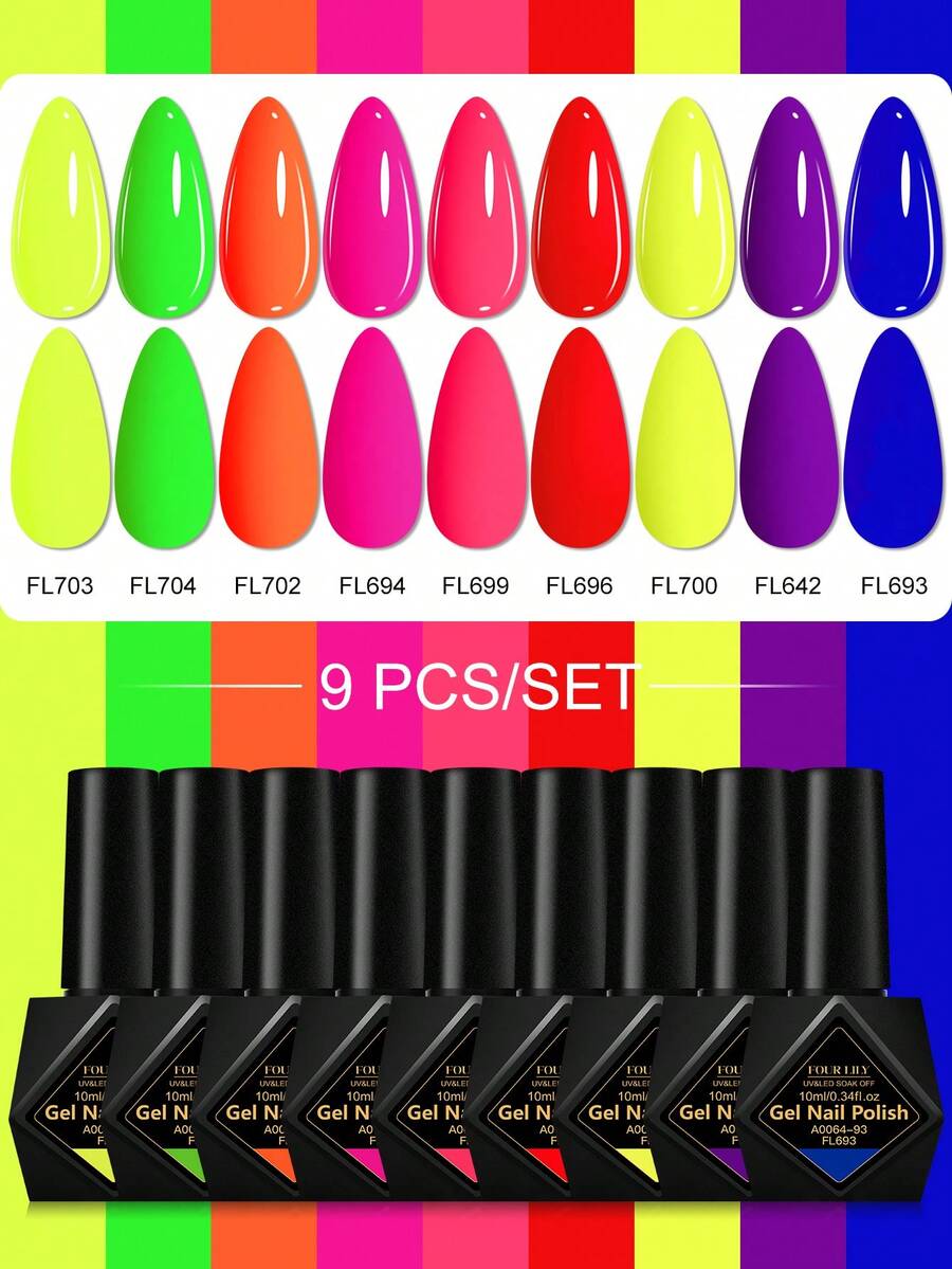 FOUR LILY 9件組 10ml 螢光凝膠指甲油，霓虹色 HEMA TPO FREE 半永久浸泡式 UV 凝膠指甲油，適合夏季美甲，持久、無鉛 DIY 指甲設計裝飾，美甲凝膠指甲油，適合沙龍與居家美甲護理用品