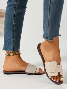 Ximi Ruo Sandalias planas tipo slide estilo coreano casual para mujer, zapatos de verano para uso al aire libre, punta abierta, estilo romano tejido, primavera verano, nueva moda estilo francés, sandalias para mujer para vestidos, playa, arena, apartamento, marrón, planas, de una tira, para uso al aire libre - Beis - Ver 3