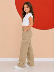 Wide Leg Youth Cargo Pants - Khaki - View 2
