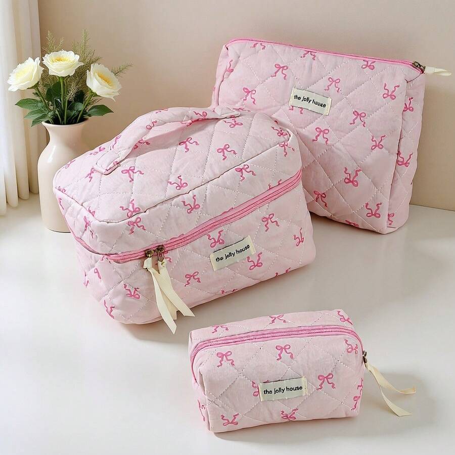1pc Small Octagonal Cosmetic Bag, Bow Pattern, Octagonal Design, Portable Handheld, Can Hold Lipstick, Powder Compact, Lip Gloss, Makeup Essentials, Pink Bowknot Portable Makeup Bag, Home Storage, Travel, School Essential - Beauty and Makeup Bag - View 1