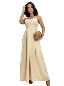 Long Dress With Adjustable Straps Lastex Waisted Fits 36 To 44 Women's Elastex Dress With Adjustable Back From 36 To 44 Comfortable Elastex Waisted Dress With Adjustable Straps - 米色 - 查看 1