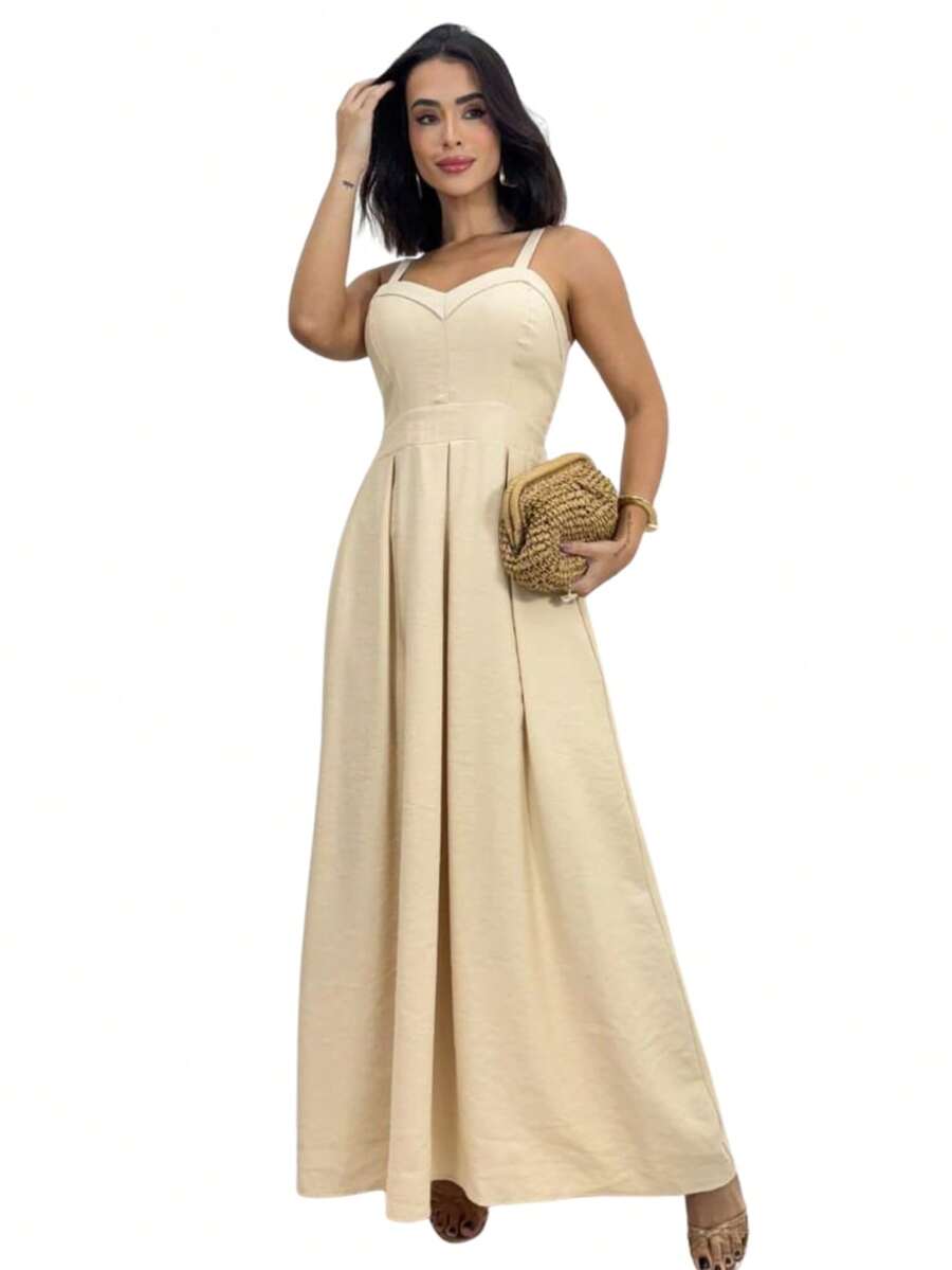 Long Dress With Adjustable Straps Lastex Waisted Fits 36 To 44 Women's Elastex Dress With Adjustable Back From 36 To 44 Comfortable Elastex Waisted Dress With Adjustable Straps - 米色 - 查看 1