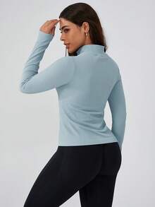 Leorrey 1pc Women's Ribbed Double Zipper Stand Collar Fitness Workout Yoga Running Cycling Long Sleeve Sports Jacket - Baby Blue - View 6