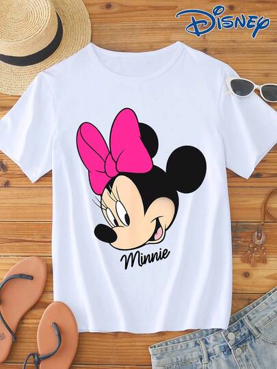 Disney 1 pieza Camiseta de manga corta para hombre, corte holgado, estampado gráfico de dibujos animados de Minnie Mouse lindo, cuello redondo, ligeramente elástica