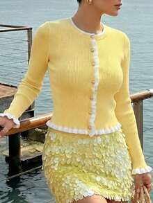 Women's Ribbed Knit Short Cardigan, Decorated With Ruffle Trim And Gold Buttons, Long Sleeve Crew Neck Sweater, Suitable For Spring Wear - Yellow - View 7