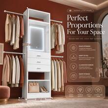 HaluPeit 4-9.8FT Closet System With LED Smart Mirror, Walk-In Closet Organizer System Wooden Storage Systems With 3-Color Dimmable Touch Mirror, 4 Hang Rods, 3 Drawers & 2 SHELF, White - White - View 2
