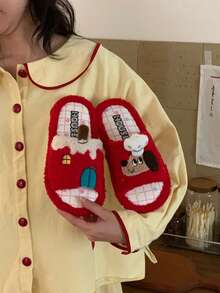 XIXITIAO Cute Color-Block Chef Puppy Plush Soft-Soled Home Slippers, Comfortable Slippers With Color-Block Checkered Polka-Dot Sole, Ideal For Home & Parties - Red - View 11