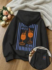 大尺碼女款時尚連帽衫，Spritz Club 印花，抽繩與口袋設計，適合戶外休閒穿著，秋冬百搭 - 黑色 - 查看 1