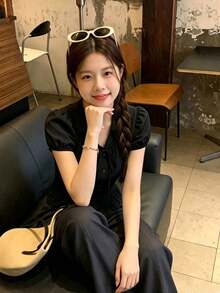 韓式新款甜美修身領結設計百搭顯瘦花瓣袖輕盈短袖女款夏季黑色襯衫上衣 - 黑色 - 查看 6