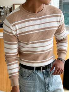 Men's Round Neck Long Sleeve Ribbed Knit Sweater - Apricot - View 1