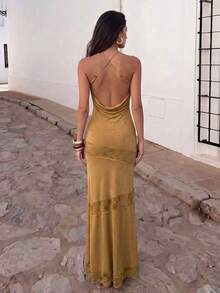 Women's Lace Patchwork Ruffle Elegant Waist Banquet Dress With Spaghetti Strap Wedding Party - Gold - View 7