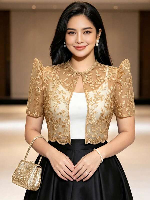 Modern Filipiniana Blouse With Butterfly Sleeves, 1pc Hollow Out Button Short Sleeve Cardigan Top For Women, Holiday, Evening, Date, Single Party