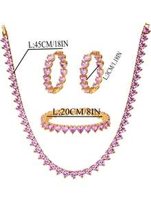 Pink Heart-Shaped Zirconia Tennis Jewelry, Sparkling Heart-Shaped Crystal Necklace, Bracelet And Earrings, Luxury Women's Necklace Jewelry, Gentle Elegant Valentine's Day Gift Jewelry, Suitable For Couples To Wear, Elegant Gift Set For Party Dress-Up - Pink Heart-shaped  Jewelry - View 6