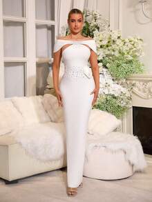 Nuevo vestido de lujo para mujer con cuentas pesadas y adornos de strass, vestido largo negro sexy con cuello asimétrico y corte asimétrico - Blanco - Ver 2