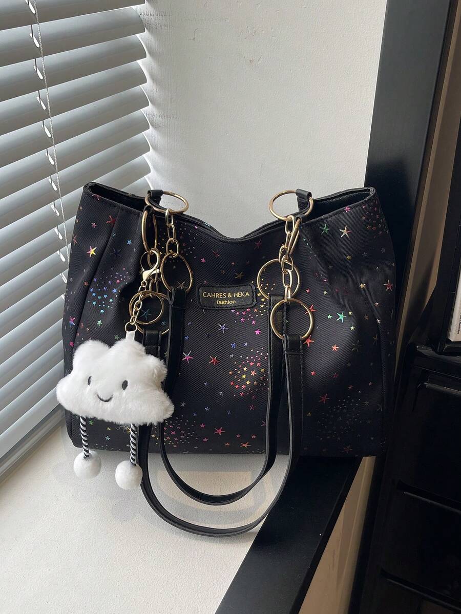 1 pieza Bolso de hombro de moda con cremallera de gran capacidad, de fibra de poliéster con patrón de estrellas de colores y colgante de nube, adecuado para el uso diario de las mujeres - Multicolor - Ver 1