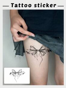 1pc Black Smoky Sheer Ribbon Bow Tattoo Sticker, Sweet Soft Girl Style Delicate Decadent Body Decoration For Thighs And Legs, Women's Party Accessory, Sweat-Resistant Realistic Temporary Tattoo Sticker, Ins Popular - Black - View 1