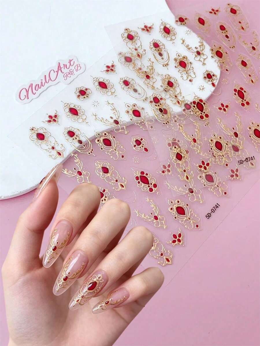 2pcs 5D Embossed 3D Nail Art Stickers, DIY Nail Decoration, Gold Vintage European Hollow Pattern With Burgundy Accents, Suitable For Luxury Vintage European Exquisite Nail Art - Gold - View 1