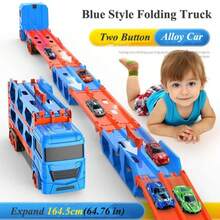 Vehículo de transporte de pista de eyección transformable extra grande, camión de carga de almacenamiento de doble capa con 2 coches de aleación, pista de carreras de eyección de un clic, juego interactivo para padres e hijos en interiores y exteriores, regalo perfecto para el Día del Niño y cumpleaños - Multicolor - Ver 2