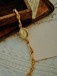 LSVTR 1pc Women's French Vintage Floral Chain Bracelet Watch, Gold Leaf-Shaped Dial Quartz Watch, Elegant Jewelry Wristwatch, Suitable For Daily Wear And Gift - Gold - View 12