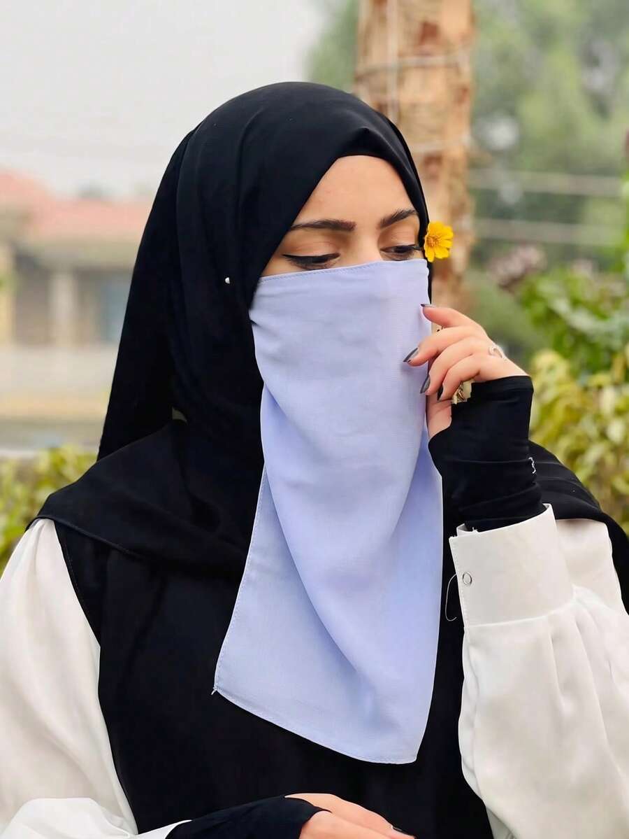 1件女款純色雪紡柔軟中東面紗,阿拉伯保守款彈性帶面罩,適合日常使用 - 淺藍色 - 查看 1