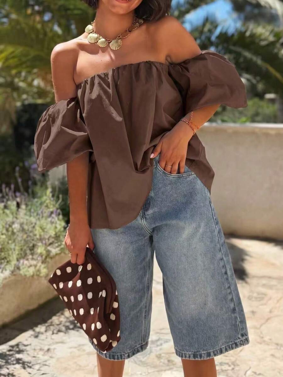 Women's Lantern Sleeve Short Sleeve Cold Shoulder Top, Suitable For Beach Vacation And Daily Wear, Summer Style - Coffee Brown - View 1