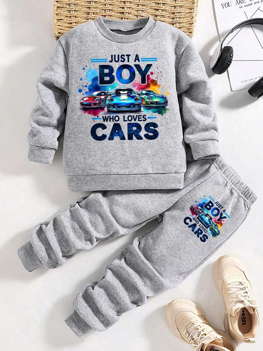 Boys' Car Print Warm Crew Neck Sweatshirt And Sweatpants - Grey - View 1