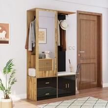 Elegant Wardrobe Set In Black And Wood Color With Mirror, Shoe Cabinet, Shoe Bench With Hooks And Extendable Clothes Hangers. - 黑色 - 查看 6