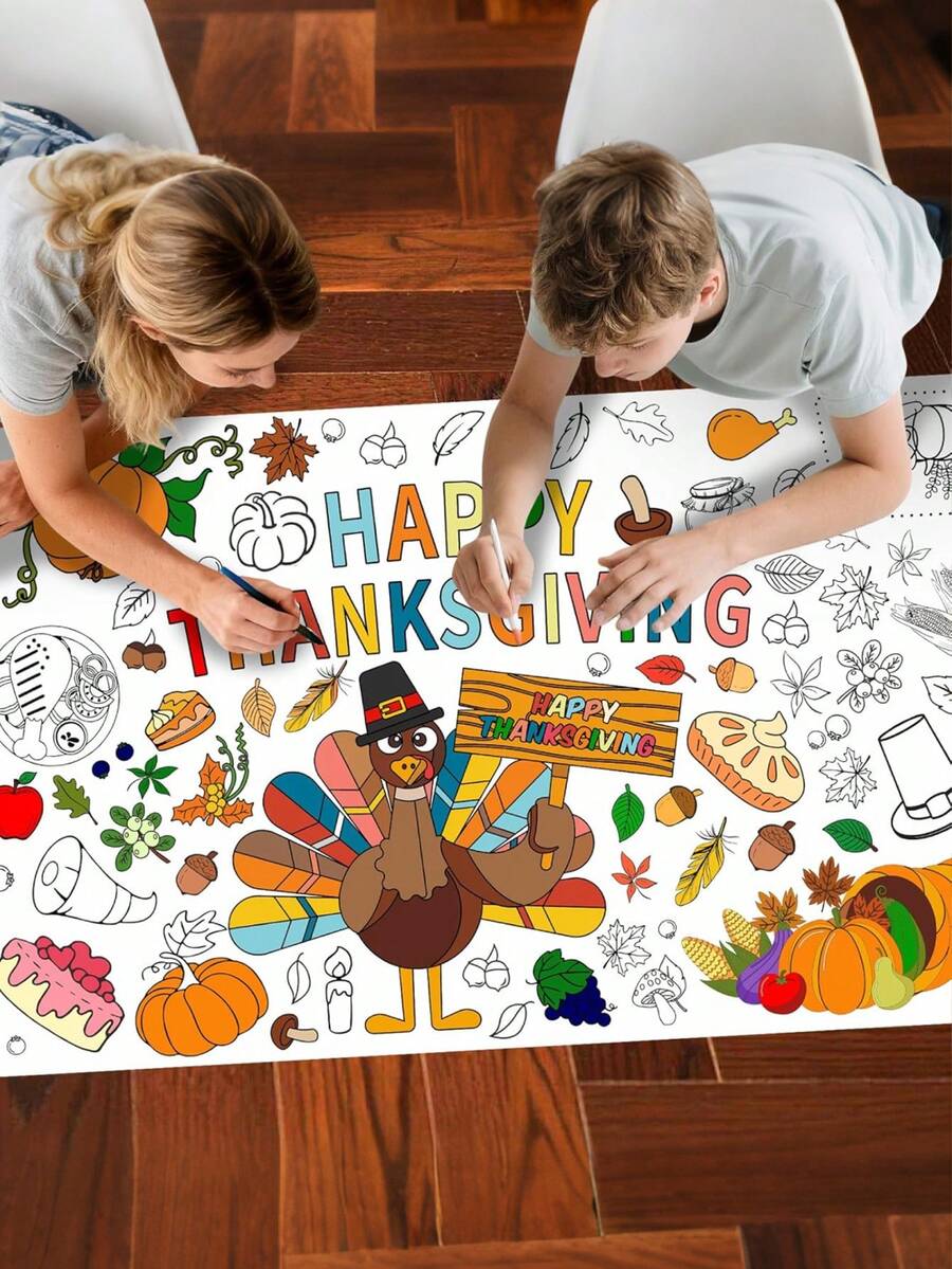 1set DIY Coloring Posters And Tablecloths, Paper Thanksgiving Coloring Banners Games And Family Activities, Used For Party Decoration, Handicrafts, - Multicolor - View 1
