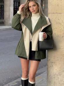 Stylish Women's Colorblock Hooded Casual Utility Jacket Coat, Autumn/Winter - Green - View 6