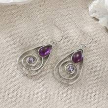 Vintage Elegant Bohemian Distressed Silver Hollow Water Drop Dangle Earrings, Inlaid With Clear Synthetic Purple Zirconia, Suitable For Daily, Date, Party Occasions, Exquisite Accessory Gift For Women's Birthday And Holiday - Silver - View 7